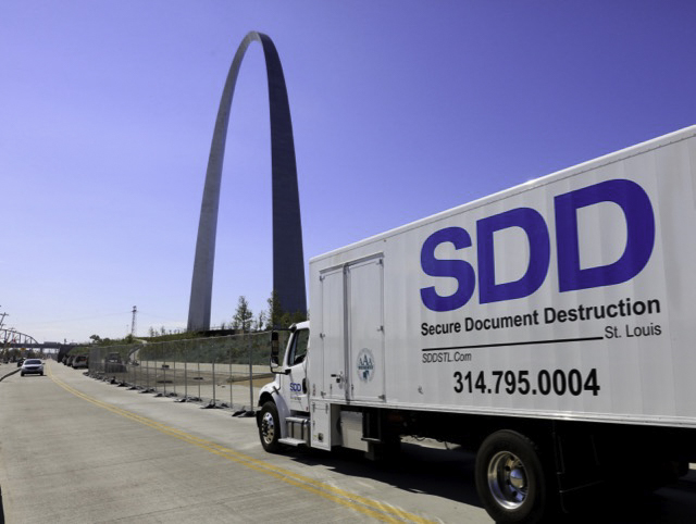 SDD's mobile shredding trucks serve customers throughout the St. Louis area and throughout downtown near the historic Arch.