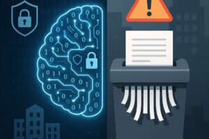 Visual representation of AI data security risks for medium-sized businesses, showing digital threats and physical document shredding as a data protection solution.