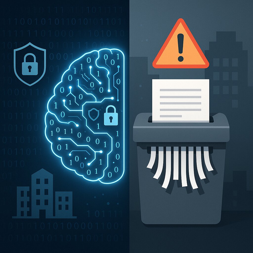 Visual representation of AI data security risks for medium-sized businesses, showing digital threats and physical document shredding as a data protection solution.