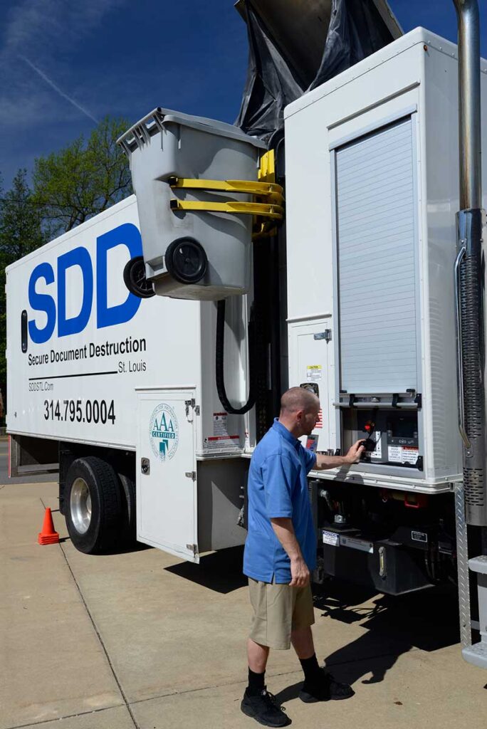 Onsite document shredding is the most secure. This mobile shredding truck is on a customer location.